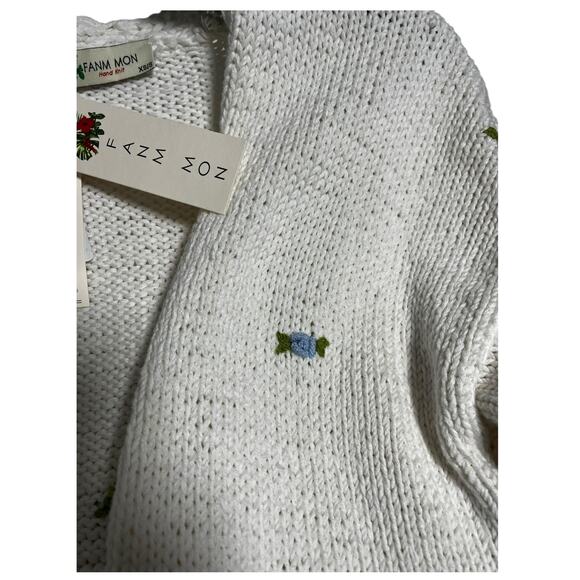 Fanm Mon Hand Knit Blue Rose Cardigan Cotton Sweater | Womens M L NEW - Picture 14 of 15
